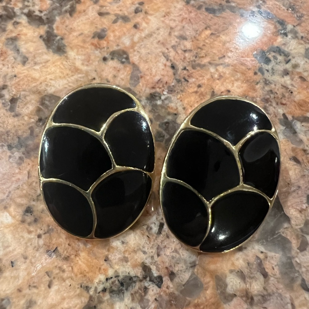 Vintage Black & Gold Enamel Pierced Earrings